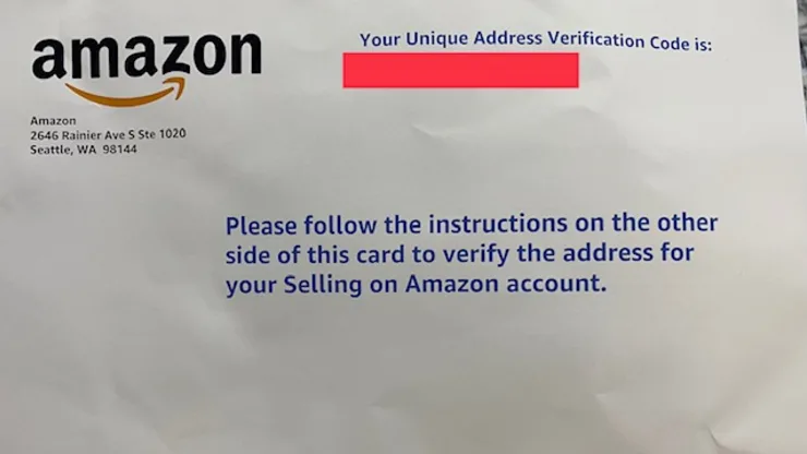 Amazon mails postcards to sellers to verify whether their addresses are real