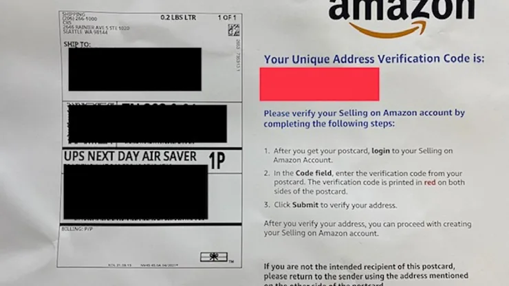 Amazon mails postcards to sellers to verify whether their addresses are real